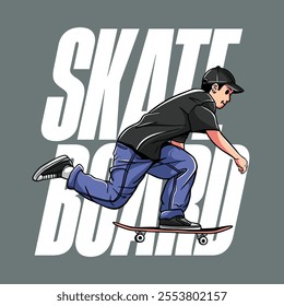 Hand drawn man skateboarding cartoon comic illustration