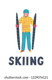 Hand drawn man with skis and lettering skiing. Vector illustration on white background.