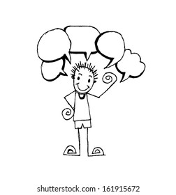 Hand drawn man and speech bubbles set 
