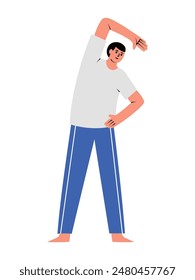 Hand drawn man in sports clothing, performing side back stretching exercise, physiotherapeutic exercise for recovery. Isolated vector illustration in flat design