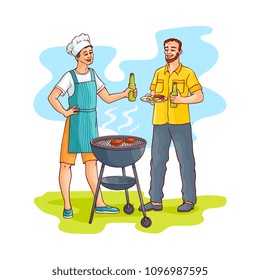 Hand drawn man standing near barbeque grill preparing meat steak drinking beer from glass bottle with friend at picnic party. Vector sketch style illustration isolated