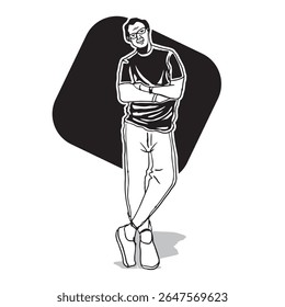 Homem desenhado à mão de pé com a mão no peito e sorriso na ilustração preto e branco. Ilustração de vetor plano isolada no plano de fundo branco