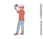 Hand drawn man taking a photo on his phone seen from back view - male cartoon character standing holding a smartphone and taking picture. Isolated flat vector illustration