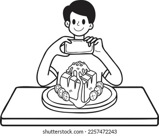 Hand Drawn man taking photo of dessert illustration in doodle style isolated on background