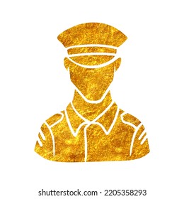 Hand drawn man in uniform icon in gold foil texture vector illustration