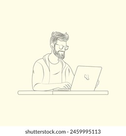 Handgezeichnete Mann verwenden Laptop und professionelle Mann verwenden Computer Outline Vektorillustration Design