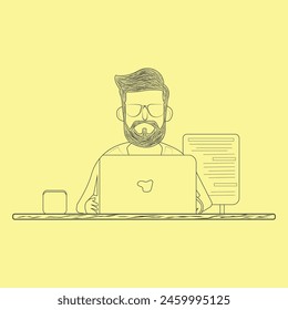 Hand drawn man use laptop and professional man use computer outline vector illustration design