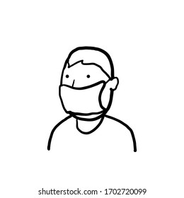 hand drawn man using medical face mask illustration in doodle style