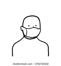 hand drawn man using medical face mask illustration in doodle style