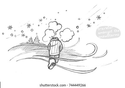 Hand drawn man walking away in the cold frosty day. Vector sketched art. Eps-8