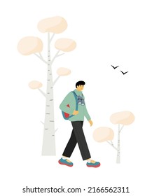 Hand drawn man walking in the woods, with the binoculars. Flat style vector illustration
