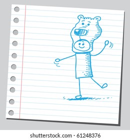 Hand drawn man wearing bear mask
