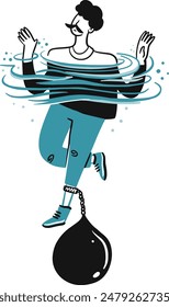 Hombre dibujado a mano cargado bajo el agua