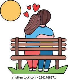 Hand Drawn man and woman sitting on a bench at sunset illustration isolated on background