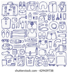 Hand drawn Man and Woman travel elements on squared background. Flat lay of doodle clothes and objects