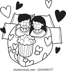 Hand Drawn man and woman watching a movie in a blanket illustration isolated on background