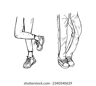 Hand drawn of man and women legs posture wearing pants and sneakers. Close view pants and shoes drawing posture vector illustration.
