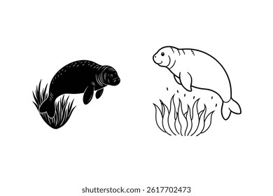 Hand Drawn Manatees In Black And White Outline Illustration For Design Elements