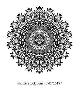 Hand drawn Mandala in arabic, indian, islam and ottoman culture decoration style. Ethnic geometric ornamental background. Magic vintage template of greeting, card, print, cloth, tattoo. Vector