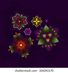 Hand drawn Mandala, circular colored pattern for decoration on dark background