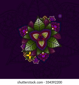 Hand drawn Mandala, circular colored pattern for decoration on dark background
