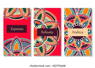Hand drawn mandala for coffee package, cards, invitations and coloring book. Unusual products decoration in india style