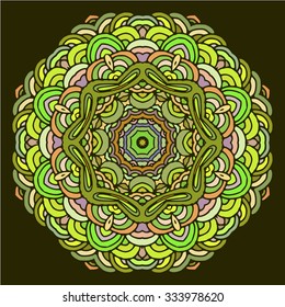 Hand drawn mandala colorful design on dark background. Perfect cards for design, birthday and other holiday
