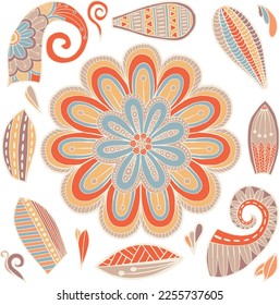 Mandala y elementos decorativos dibujados a mano, Ilustración vectorial floral para ropa, decoración doméstica, tarjetas y plantillas, reserva de chatarra, postales, marcos.