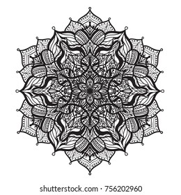 Hand drawn mandala. Decorative round design element on white background.