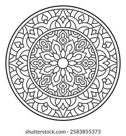 Hand drawn mandala, design of botanical, natural theme. coloring book page, decoration, background, tattoo, wallpaper, sticker.