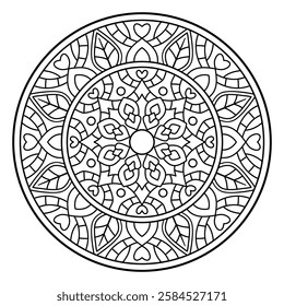 Hand drawn mandala, design of botanical, natural theme. coloring book page, decoration, background, tattoo, wallpaper, sticker.