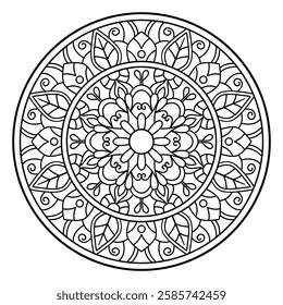 Hand drawn mandala, design of botanical, natural theme. coloring book page, decoration, background, tattoo, wallpaper, sticker.