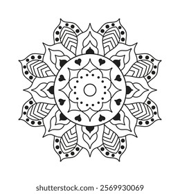 Hand drawn mandala design. Easy Mandala Black and White Outline. Mandala for Coloring Pages