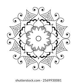 Hand drawn mandala design. Easy Mandala Black and White Outline. Mandala for Coloring Pages