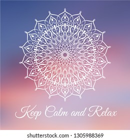 Hand drawn mandala design element on blurred background. Yoga motivational poster. Beautiful floral background for resort and spa. Indian decorative element. Inspiration quote