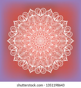 Hand drawn mandala design element on gradient background. Deep violet and living coral colors.  Beautiful floral background for resort and spa. Indian decorative element. Vector illustration