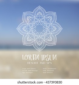 Hand drawn mandala design element on blurred sky. Beautiful floral background for resort and spa with place for text and menu. Abstract backdrop, card, invitation, brochure design. Vector illustration