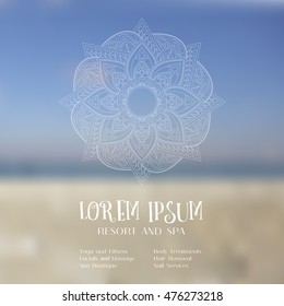 Hand drawn mandala design element on blurred sky. Beautiful floral background for resort and spa with place for text and menu. Abstract backdrop, card, invitation, brochure design. Vector illustration