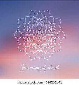 Hand drawn mandala design element on blurred background.  Yoga motivational poster. Beautiful floral background for resort and spa.  Indian decorative element. Inspiration quote