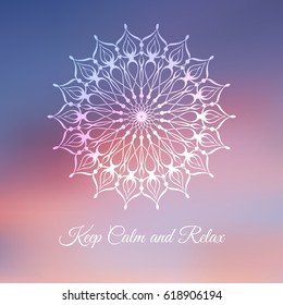 Hand drawn mandala design element on blurred background.  Yoga motivational poster. Beautiful floral background for resort and spa.  Indian decorative element. Inspiration quote