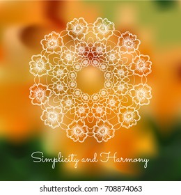 Hand drawn mandala design element on blurred background.  Yoga motivational poster. Beautiful floral background for resort and spa.  Indian decorative element. Inspiration quote