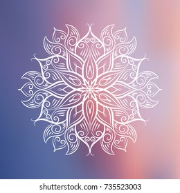 Hand drawn mandala design element on blurred background.  Yoga motivational poster. Beautiful floral background for resort and spa.  Indian decorative element. Inspiration quote