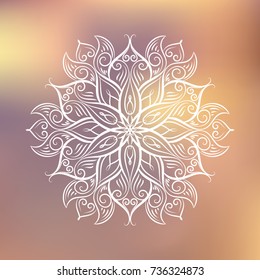 Hand drawn mandala design element on blurred background.  Yoga motivational poster. Beautiful floral background for resort and spa.  Indian decorative element. Inspiration quote