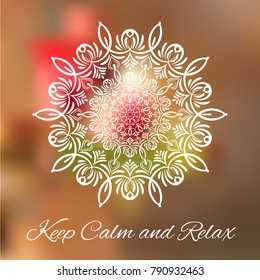 Hand drawn mandala design element on blurred background. Yoga motivational poster. Beautiful floral background for resort and spa.  Indian decorative element. Inspiration quote