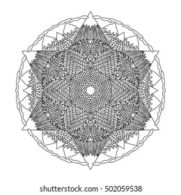 Hand drawn mandala doodle pattern. Adult coloring book. Panorama of mountains with snow on tops, clouds, trees, grass. Tropical island with sand, trees and ocean