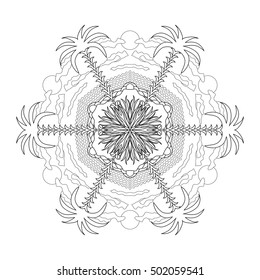 Hand drawn mandala doodle pattern. Adult coloring book. Panorama of beach, sea, palms, clouds, sun, grass. Tropical island with sand, trees and ocean