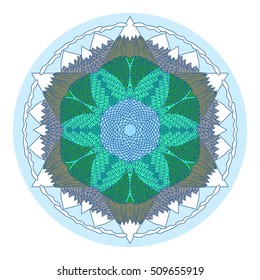 Hand drawn mandala doodle pattern in cartoon style. Fantastic panorama of mountains with snow on tops, clouds, trees, lake in green, yellow and blue colors