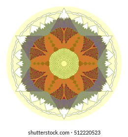 Hand drawn mandala doodle pattern in cartoon style. Fantastic panorama of mountains with snow on tops, clouds, trees, lake.
