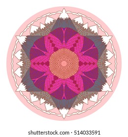 Hand drawn mandala doodle pattern in cartoon style. Fantastic panorama of mountains with snow on tops, clouds, trees, lake.