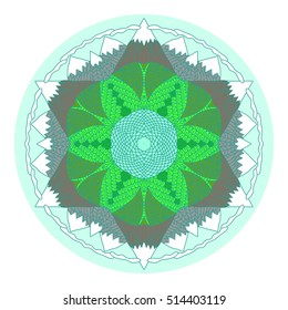 Hand drawn mandala doodle pattern in cartoon style. Fantastic panorama of mountains with snow on tops, clouds, trees, lake.